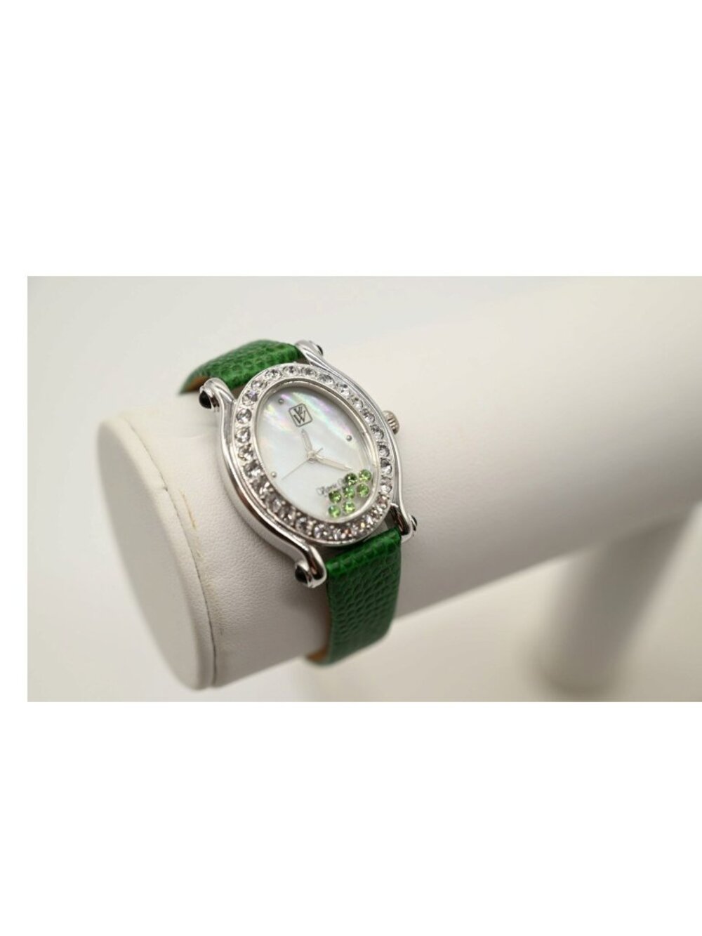 Victoria Wieck Silver Tone Floating Rhinestone Oval Watch Green Leather Band